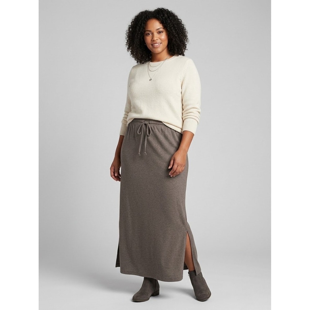 Charter Club Brown Heathered Cotton Blend Drawstring Maxi Skirt XL Side Slit